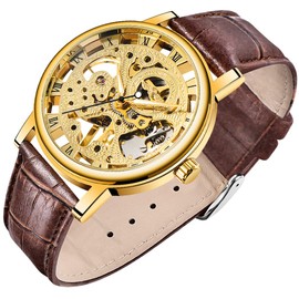 Whodoit Transparent Gold Case Casual Design Brown Leather Strap Men's Watch ，Mechanical Skeleton Leather Watches for Men