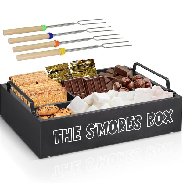 Smores Kit for Fire Pit, Smores Caddy Organizer for S'Mores Station, Farmhouse Wooden S'mores Bar Holder with 4 Extendable Smores Sticks, Smores Tray Organizer for Party, Outdoor Camping and Bonfires
