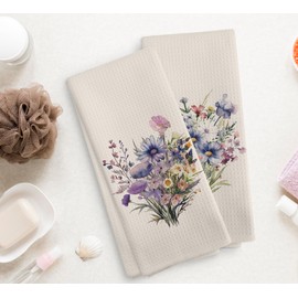 NOQL Vintage Wildflower Kitchen Towels and Dishcloths Set of 2, Daisy Decorative Kitchen Towels, Purple Summer Flower Bouquet Drying Cloth Hand Towels for Farmhouse Bathroom Kitchen, 16×24 Inches