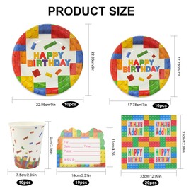 KXVXXV 60 Pieces Building Block Party Tableware Birthday Set, Building Block Children's Birthday Tableware Decoration with Building Block Plates Cups Napkins Invitation Cards (10 Guests)