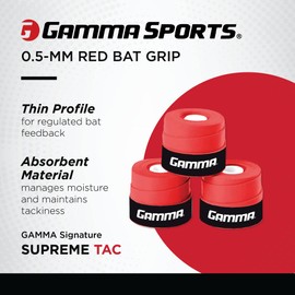 Gamma Sports Supreme Tac Baseball Bat Grip Wrap (3 Pack) – Tacky, Absorbent, Non-Slip, Easy to Apply – Great for Any Size Handle, Aluminum or Wood Bat, Red