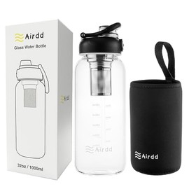 Airdd Glass Water Bottle 32oz with Stainless Tea Infuser, BPA-Free, Wide Mouth, Protective Sleeve, Eco-Friendly Borosilicate Glass