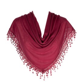Hat To Socks Triangle Scarf with Bobbin Lace Fringes for Women (Wine Red)