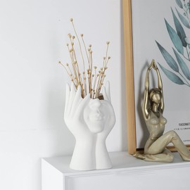 Female Head Vase,Human Body Vase,Small Flower Vase,White Ceramic Vase,Face Vase,Modern Vase for Garden Home Living Room Decor,Table Art Statue Indoor Outdoor (Large, B)