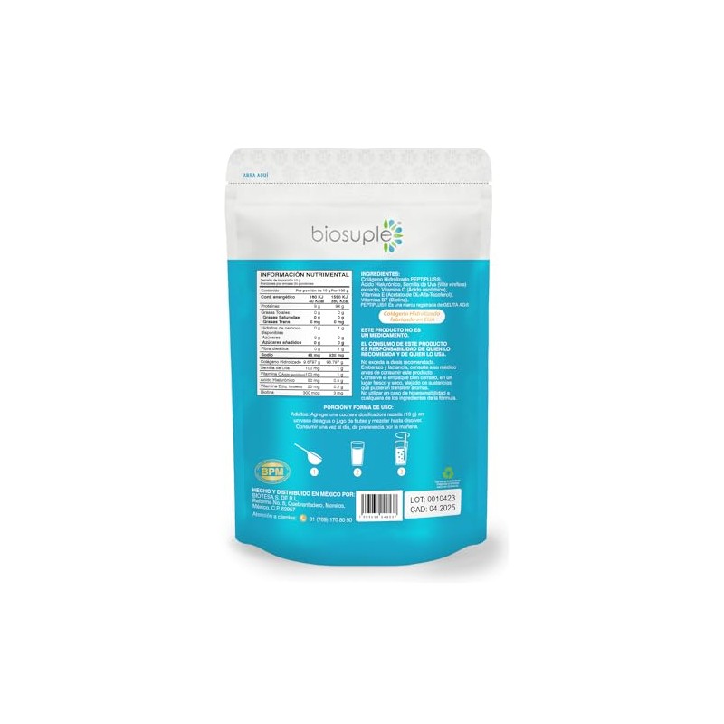 Biosuple Colágeno Hidrolizado Adicionado Ácido Hialuronico Semilla Uva Biotina Vitamina
