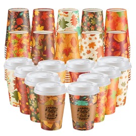 Mimorou 60 Pcs Fall Disposable Coffee Cups with Lids and Sleeves 12oz Maple Leaves Pumpkin Paper Drinking Cups for Thanksgiving Harvest Autumn Party Restaurant Business Supplies, 10 Styles