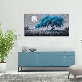 Canvas Wall Art Prints Decor Blue Tree Of Life Wall Art Decor Modern Artwork Ready To Hang Modern Wall Art For Living Room Bedroom Kitchen Office Canvas Prints 24x48 Inch