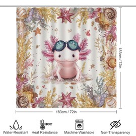 4PCS/Set Cute Axolotl Starfish Coral Seashell Shower Curtain 72W X 72L, Playful Seaweed Goggles Printed Bathroom Decor, Shaped Mat Toilet Lid Cover and Non-Slip Rugs with 12 Hooks