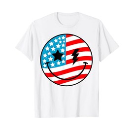 Happy 4th Of July Groovy Smile Face Red White Blue USA Flag T-Shirt