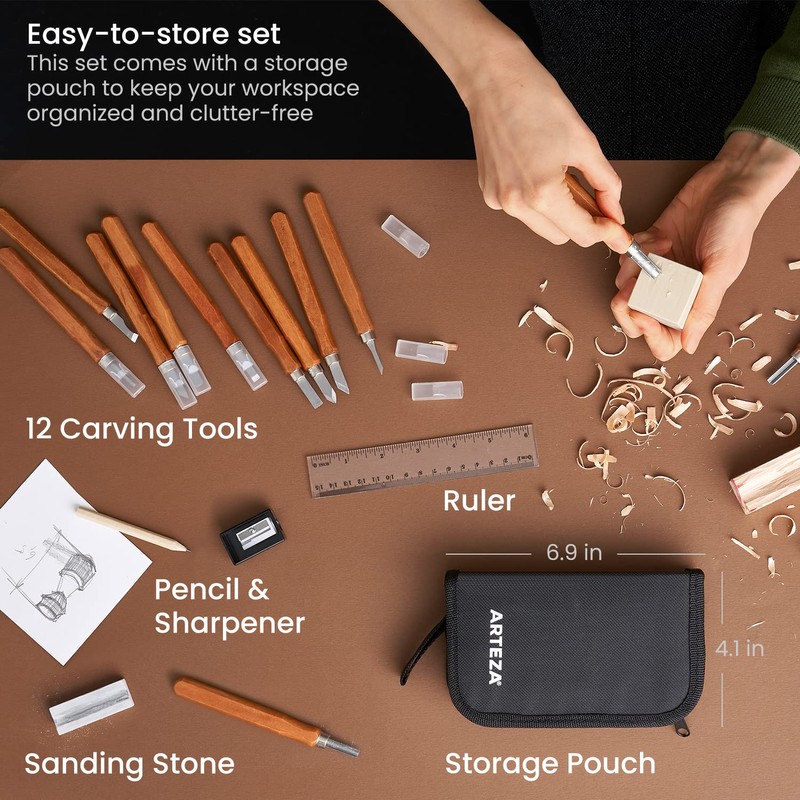 Arteza Wood Carving Tools Kit, 12 Cherry Wood Carving Tools