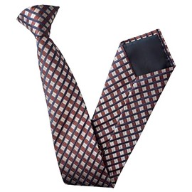 Men's 100% Silk Brown, Navy Blue & Cream Check Stripe Clip On Neck Tie
