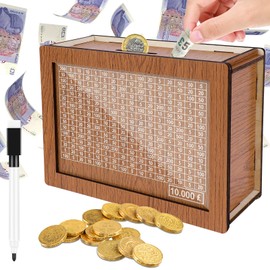 Meetory Money Saving Box, 10,000 Savings Challenge Box Countdown Value Vault Money Box Wooden Piggy Bank for Kids Piggy Box with Numbers Reusable Saving Box Challenge for Boys, Girls, Adults