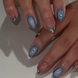 24Pcs Almond Press on Nails Short Fake Nails with Star Designs Gradient Blue Acrylic Nail Silver French Tip Glue on Nail with Rhinestones Metallic Style 3D Nails Press ons False Nails for Women