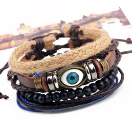 SBI Jewelry Blue Evil Eye Leather Bracelet for Women Black Beaded Leather Wraps for Gif for Men Wife Sister Best Friends Brother Family Cousin Family Christmas