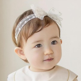 ICKEYOU Baby Girls Bow Lace Headband Cute Pink Soft Hairband White Butterfly Knot Headbands for Newborn Infants Toddlers Kids Christening Baptism Birthday Party Hair Accessories (Pure White)