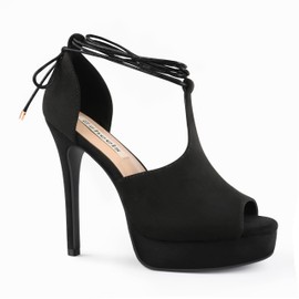 Zzheels Women's Peep Toe Heel Platform Stiletto High Heels Strappy Lace up Heels Dress Party Pumps Black Suede US8