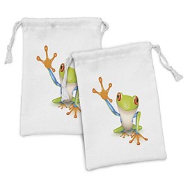 Lunarable Cartoon Fabric Pouch Set of 2, Little Tree Frog Vivid Graphic Friendly Wildlife Mascot Funny Character Print, Small Drawstring Bag for Toiletries Masks and Favors, 9" x 6", Multicolor