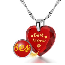 Best Mom Necklace Mothers Day Gift for Mom from Husband - Red Heart Pendant Inscribed in Pure Gold on Cubic Zirconia New Mom Birthday Present,18" 925 Sterling Silver Chain