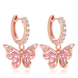 Gnoce Butterfly Hanging Earrings Sterling Silver Rose Gold Hoop Earrings with Zirconia Fashion Drop Earrings Jewellery for Women Girls, Silver