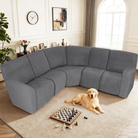 ALIECOM 100% Waterproof Recliner Sectional Couch Covers L Shape Stretch Corner Reclining Sectional Sofa Cover Washable Recliner Slipcover Protector for Dog Pet (5 Seat, Medium Gray)