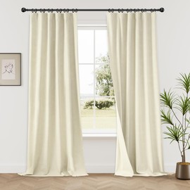 KangBang 102 Inches Long Cream Blackout Linen Curtains, Back Tab Rod Pocket Pleated UV Protection Curtains for Bedroom, Aesthetic Viral Drapes 2 Panels for Hotel Office,52x102