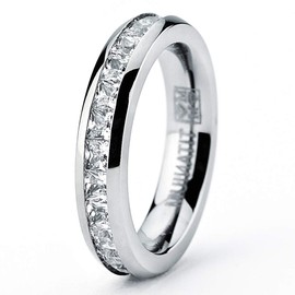 Metal Masters 3MM High Polish Princess Cut Ladies Eternity Titanium Ring Wedding Band with Cubic Zirconia CZ Size 5.5