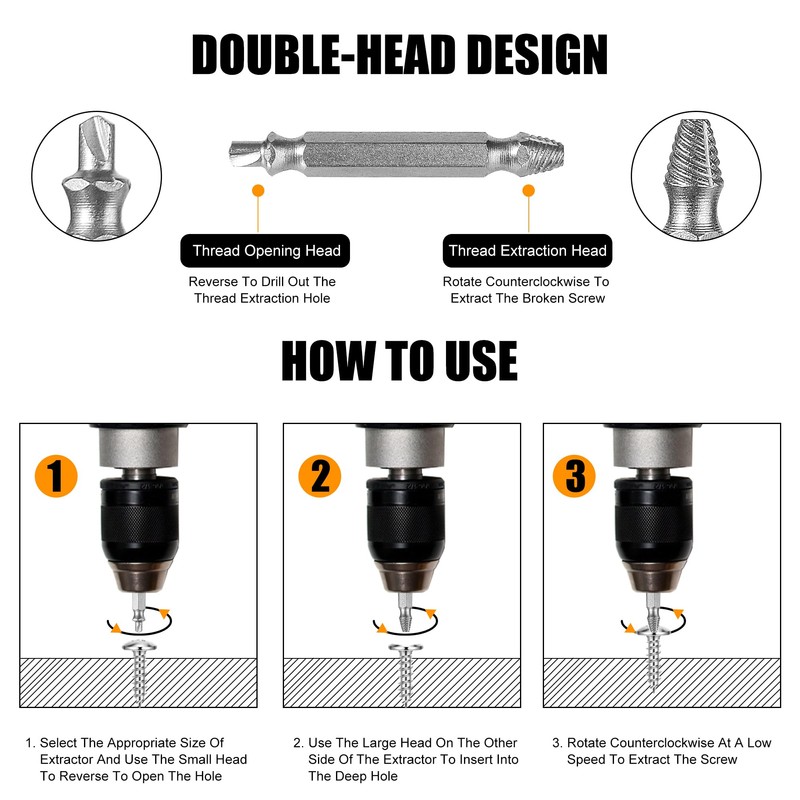 WUFANC 6 Piece Double Head Screw Extractor Set, Professional, Made