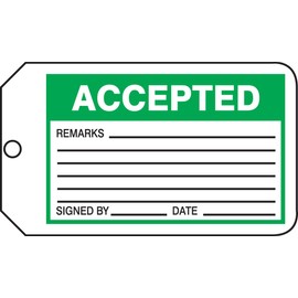 Accuform MMT301CTM PF-Cardstock Production Control Tag, Legend "Accepted", 5.75" Length x 3.25" Width x 0.010" Thickness, Green/Black on White (Pack of 5)