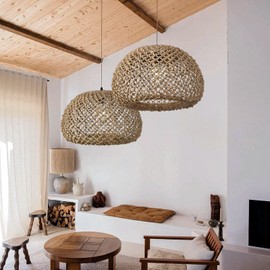 Arturesthome Farmhouse Rattan Pendant Lights for Living Room,Boho Chandelier Ceiling Hanging Lamp Crafts Lampshade for Bedroom Foyer