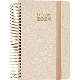 Grafoplás | Week to View 2024 Pocket Diary | Sand | A6 | Spanish | Spiral | Metallic Series | Hardcover Lined Fabric | Elastic Closure | January to December