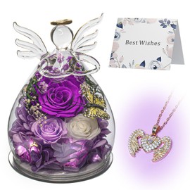 Preserved Purple Flowers in Angel Glass dome - Fresh Enternal Flowers with Angel Necklace for Delivery Prime - Glass Rose Flowers with Butterfly LED Light Mothers Day Birthday Gift for Women (Purple)