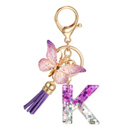 JSRQT Initial Letter K Keychain, Purple Sequins Resin Alphabet Letter Keyrings for Women Girls with Butterfly Tassel Pendant Design, Fashion Key Chain Bag Charm for Handbags Backpacks Car Key Decor