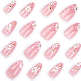 Generic Almond Pink Nail Press on Bee Flower Acrylic Stick on Nails Glossy Long Fake Nails for Women Manicure Glue on Nails