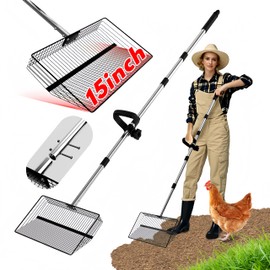15inch Large Chicken Poop Scooper, 2 Slot Widths (0.16"&0.28"), 39" to 76" Adjustable Stainless Steel Handle, Sifting Litter Shovel for Chicken Coop/Stables/Farm Cleaning(with Effortless Grip)