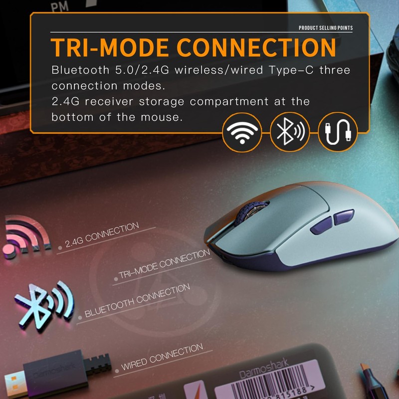 Darmoshark M3Pro Wireless Gaming Mouse,Tri-Mode 2.4G/USB-C/Bluetooth Mouse Up to 26000DPI,PAW3395