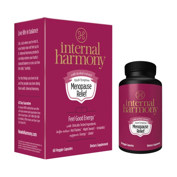 Internal Harmony Menopause Relief for Women - Hot Flashes and Night Sweat Relief, Reduce Stress, Calming and Energy Support contains geniVida, KSM-66 Ashwagandha, DIM, Dong Quai, Black Cohosh, 60 capsules