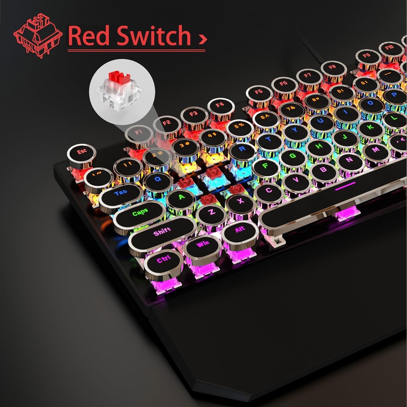 Typewriter Mechanical Gaming Keyboard and Mouse Combo, Retro Punk Round