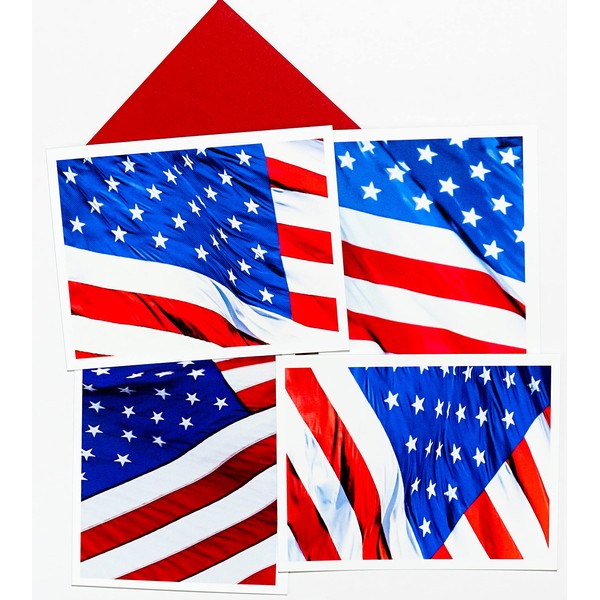 American Flag Photography Assorted Smooth Note Cards with Red Envelopes 16 Boxed Set (4.25"x 5.50") Blank Inside Made in USA Veteran Day, Politician, Memorial, Patriotism, Independence Day, Flag Day, Military, Graduation Day, July 4th, Farewell, Invitati