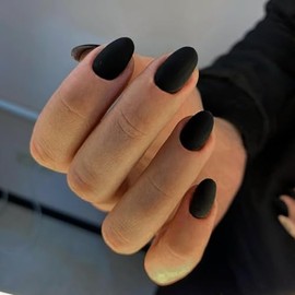 Uñas postizas acrílicas cortas y ovaladas, color negro mate, color sólido, reutilizables, redondas, gruesas, con pegamento, almendra mediana, de gel s