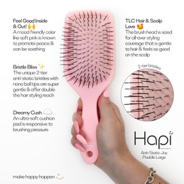 Cricket Hapi Anti-Static Joy Paddle Brush, Ultra-Soft Cushion Pad, 2-Tier Anti-Static Bristles, Gentle Detangling Hair Brush for Women & Men, Ideal for Allover Coverage & Scalp Love - Large, Soft Pink