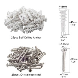 Linkup 50PCs Self Drilling Drywall Anchors with screws kits,incoulding 25pcs #8 x 1-1/4”pan head stainless steel self tapping screws and 25pcs anchors for drywall,holds upto 75lbs