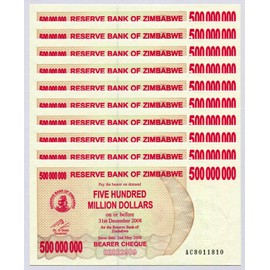 Zimbabwe 500 Million Dollars x 10 pcs 2008 P60 Consecutive UNC Currency Bills