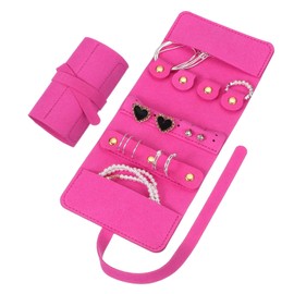 sourcing map Travel Jewelry Bag Roll, Foldable Travel Organizer with Tie Close Microfiber Storage Roll for Earrings, Necklaces, Rings, Bracelets, Brooches, Valentine's Day Gifts, Rose Red