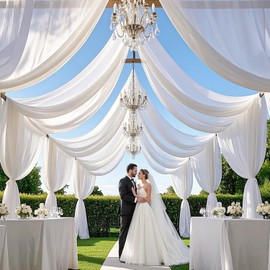 MODFUNS White Ceiling Drapery Draping Fabric for Wedding 6 Panels 5FTx10FT Wedding Chiffon Curtains Sheer Ceiling Drapes Arch Backdrop Tulle Tent Ceiling Decorations for Party Stage Prom Drape