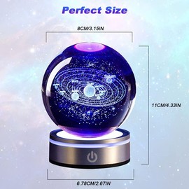 Qivine Crystal Ball, 3D Solar System Crystal Ball with Led Base, 3.15" (80 mm) Crystal Ball Light, 6 Colors Night Light with Gift Bags and Cards for Home Decorative Ornament Astronomy Gifts