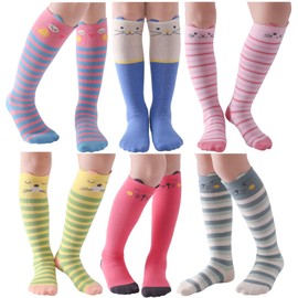 Hzcojulo Girl Kids Toddler Cute Animal Cat Gift soft Cotton Knee High Leg Warm Long Socks -6 Pair Pack,Animals,Shoe Size 7-11(2-4 T/S)