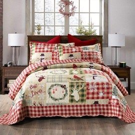 TRP 3 Piece Cabin Ivory Red Quilt Bedspread Set Holiday Greetings Snow Flakes Deer Sparrow Sledge Snowman Printed Plaid Patchwork Quilt King All Over Stitched Christmas Bedding Set