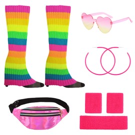 8 Pieces 80s Costume Accessories Set for Women with Holographic Fanny Pack Leg Warmers Headband Wristbands Earrings Sunglasses for Women Sports Gym 80s Costume Party