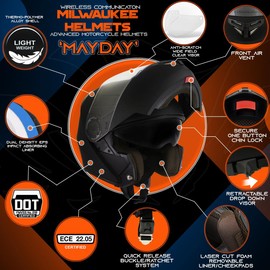 Milwaukee Helmets H7000 Glossy Black Mayday Modular Full Face Wireless Motorcycle Helmet-Stream Music-Phone Calls - Large
