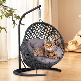 Gray Cat Swing Bed with Stand, Rattan Hammock Design, Sturdy Metal Frame, Detachable Washable Cushion, Spacious for Cats/Small Pets, Indoor/Outdoor Use